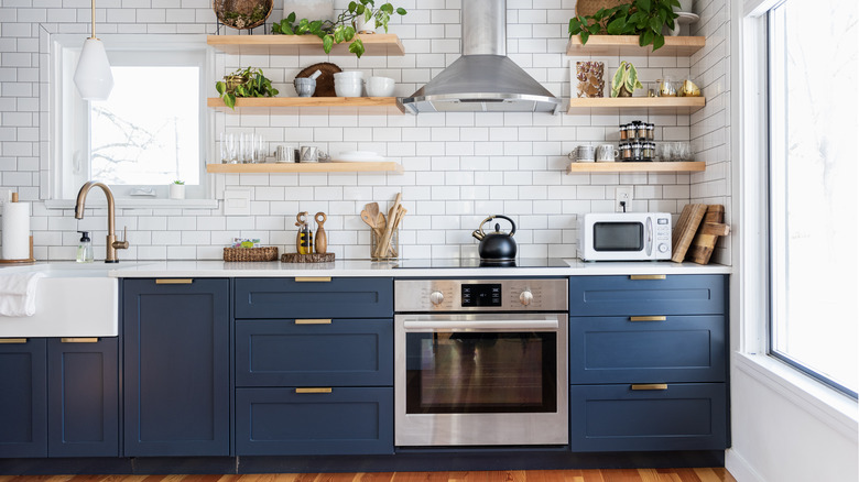 A kitchen with blue cabinets