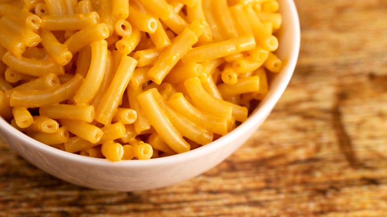 boxed mac and cheese in white bowl