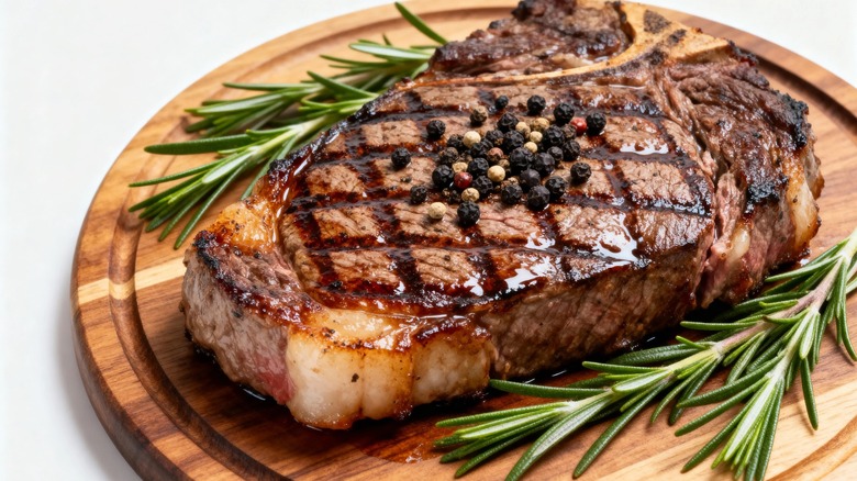 grilled steak with crosshatch grill marks and rosemary