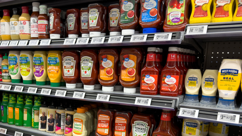 The condiments section of a grocery store
