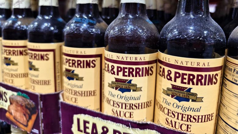 Lea & Perrins Worcestershire sauce bottles on a supermarket shelf