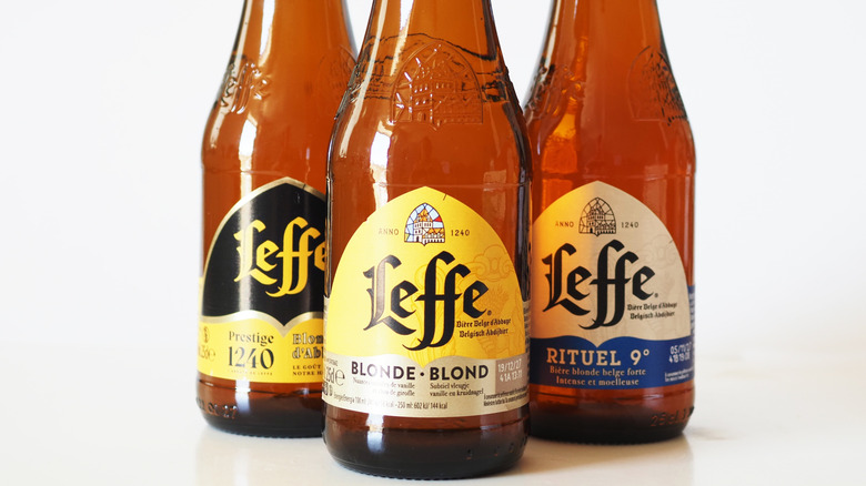 Three bottles of Leffe Belgian beer