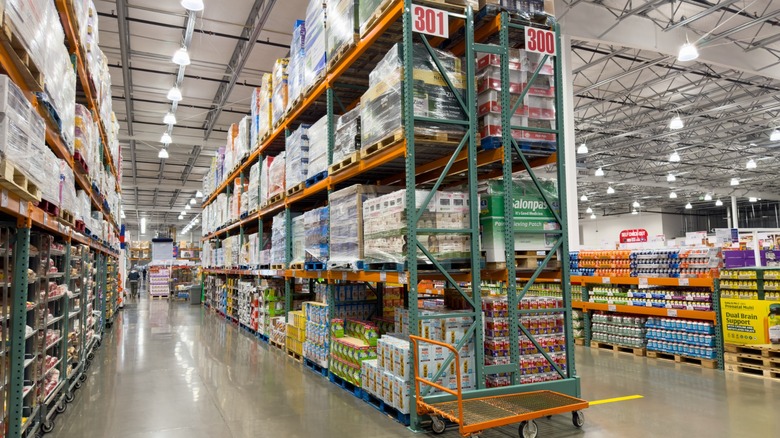 tall racks of costco aisles in warehouse