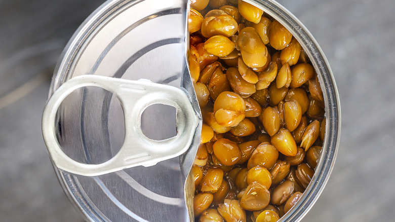 Overhead shot of half-opened can of lentils