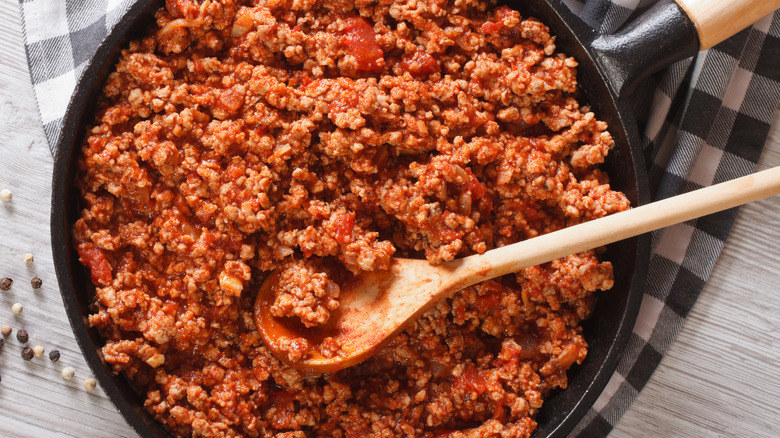 Top down view of bolognese sauce in a pan