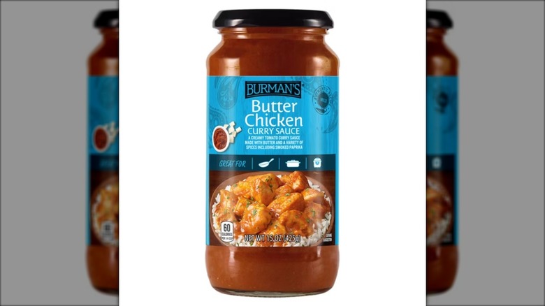 jar of butter chicken sauce with blue label