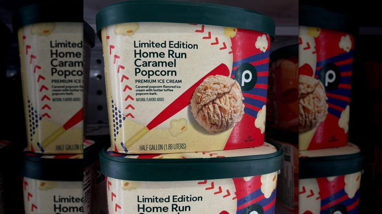 caramel popcorn ice cream in baseball tub