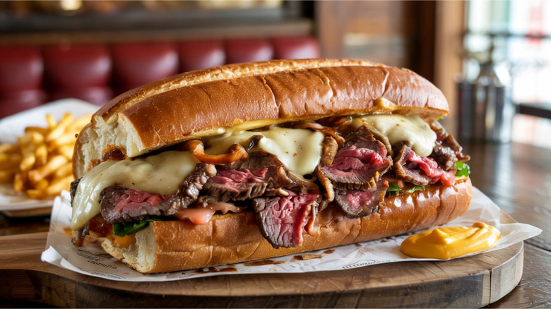 Cheesesteak sandwich with melted provolone.