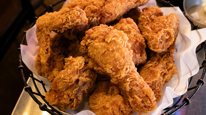 Close-up of fried chicken in a basket