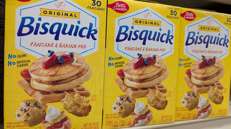 Boxes of Betty Crocker's pancake mix on a store shelf
