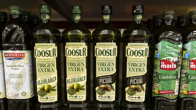 Olive oil bottles displayed in a Spanish store
