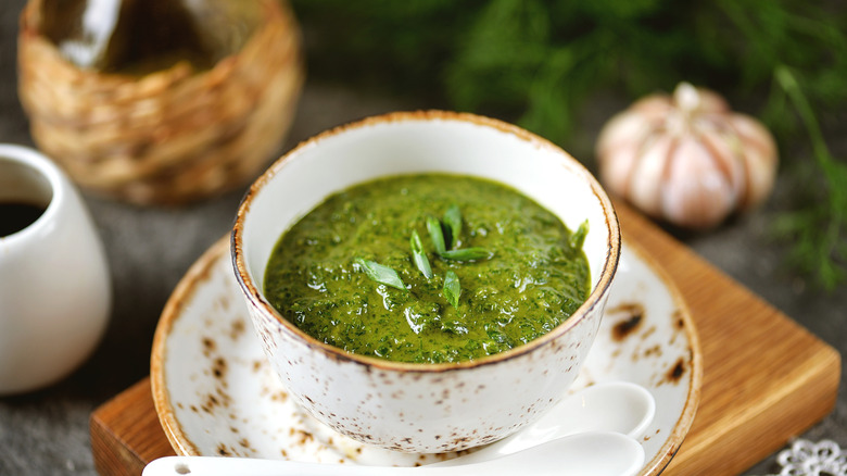 bowl of fresh pesto with herbs