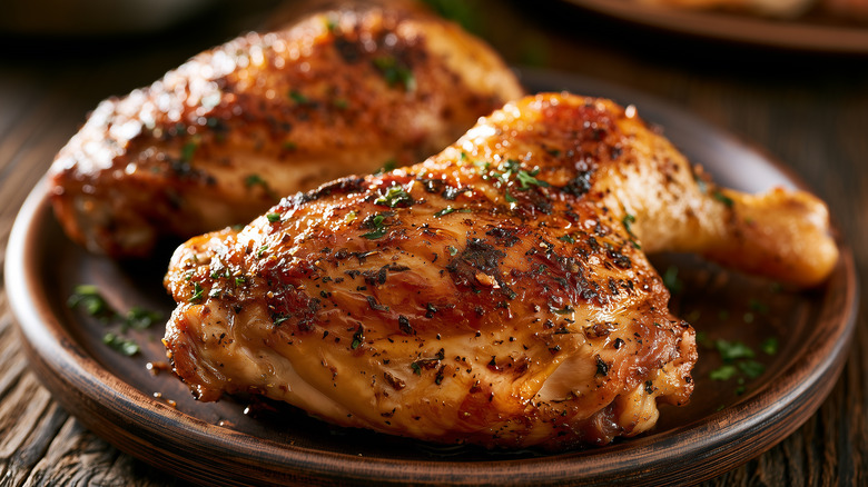 Close-up of two roasted chicken legs