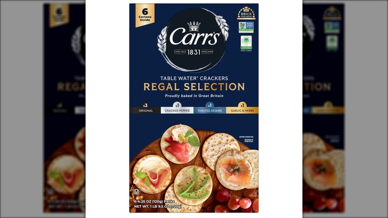 navy blue box of fancy crackers