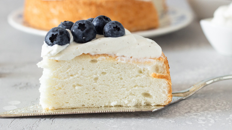 Slice of angel food cake on a serving spatula 
