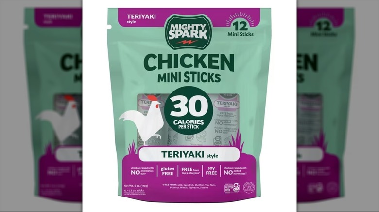 mini chicken sticks in green and purple wrapping