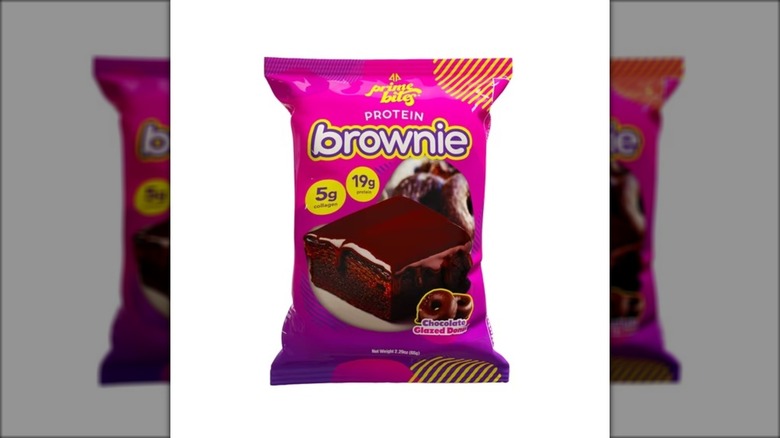 protein brownie snack in pink bag