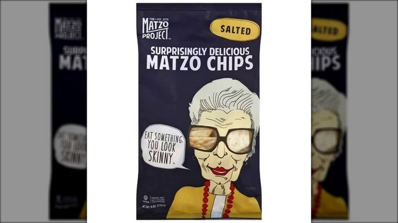 old woman with glasses on bag of matzo chips