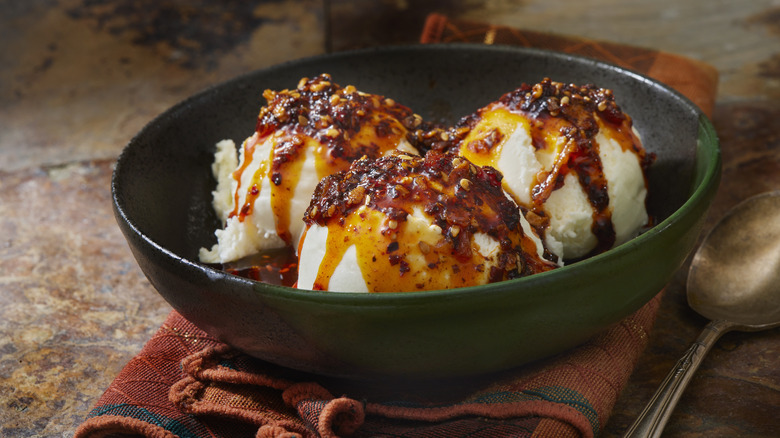 Vanilla ice cream topped with chili crisp