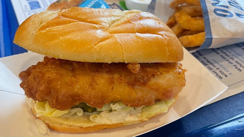 A Culver's fish sandwich on a tray