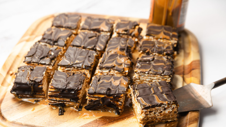 One slice of 3-ingredient passover matzo cake taken out from the rest of the cake
