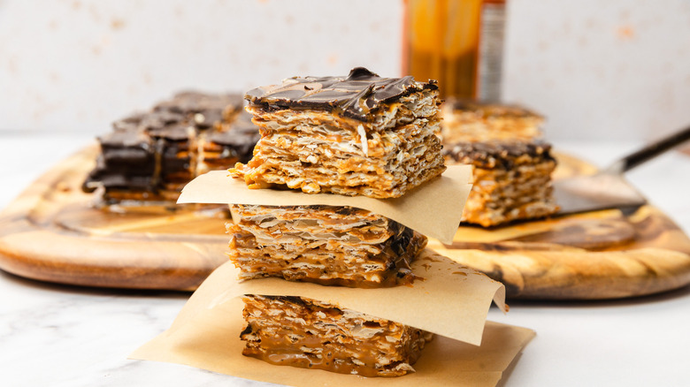 Stack of slices from 3-ingredient passover matzo cake