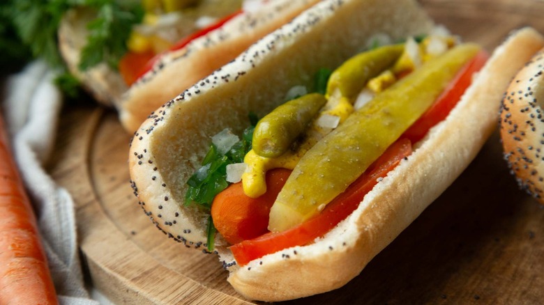 closeup chicago-style carrot hot dog