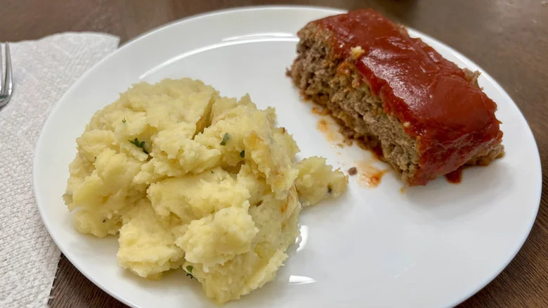 costco meatloaf and mashed potato meal on white plate
