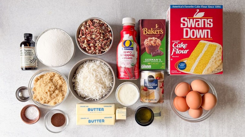 Traditional German chocolate cake ingredients on countertop