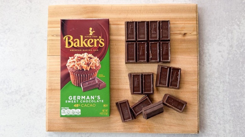 Baker's German's sweet chocolate bar packaging and squares on cutting board