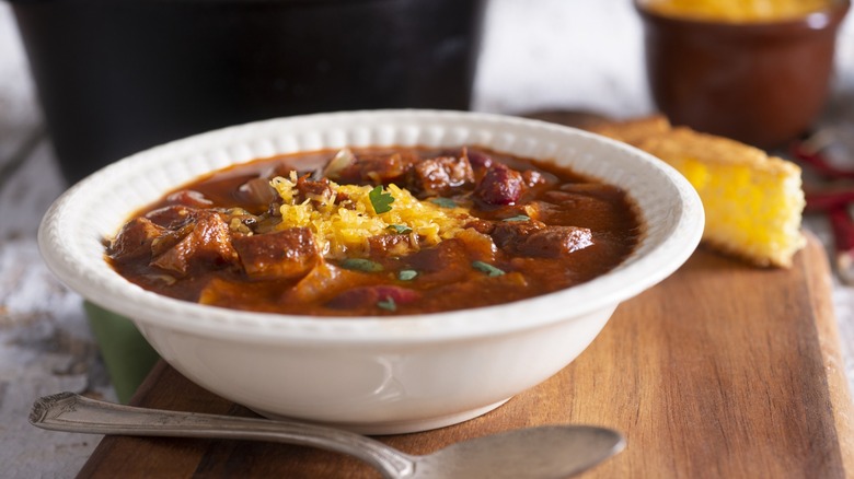 bowl of chili with cheese