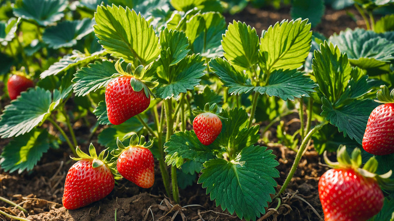Strawberries growing in a field