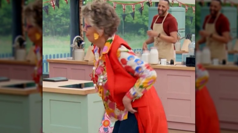 Prue Leith dancing in the Bake Off tent