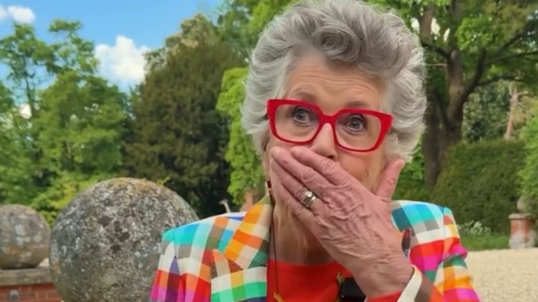 Prue Leith with a hand over her mouth