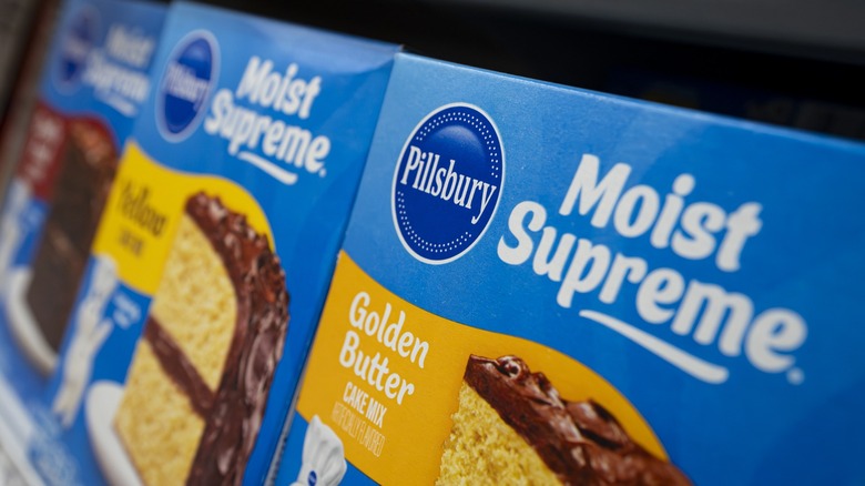 boxes of cake mix on a shelf