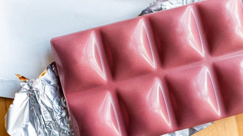 Ruby chocolate in tin wrapper