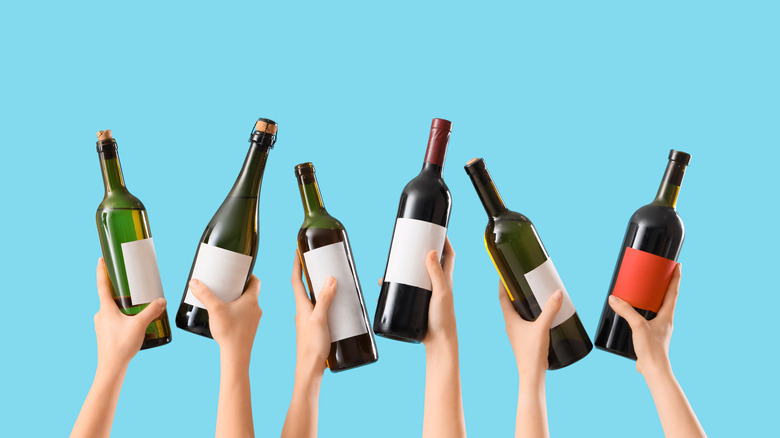 hands holding wine bottles against blue background