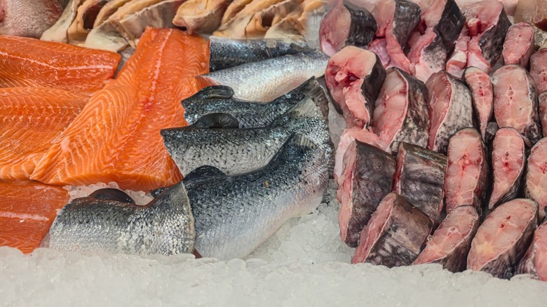 fresh seafood on ice at fish market
