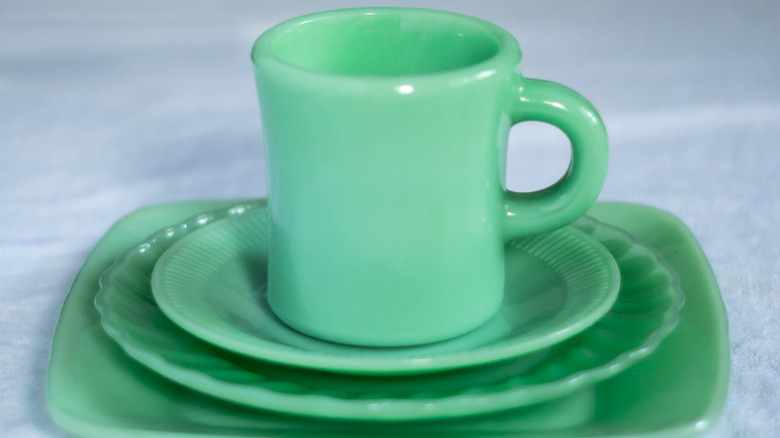 Fire-King jadeite cup and plates closeup.