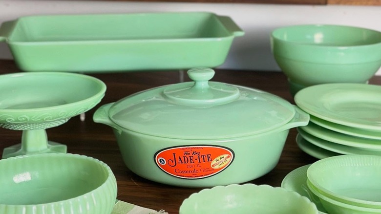fire king jadeite casserole dish with other pieces