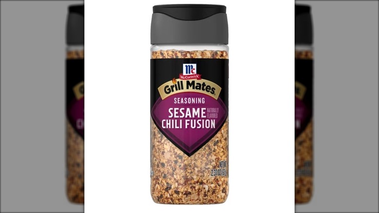clear bottle of sesame chili seasoning
