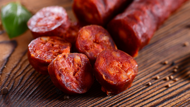 Close-up of traditional Spanish chorizo sausage