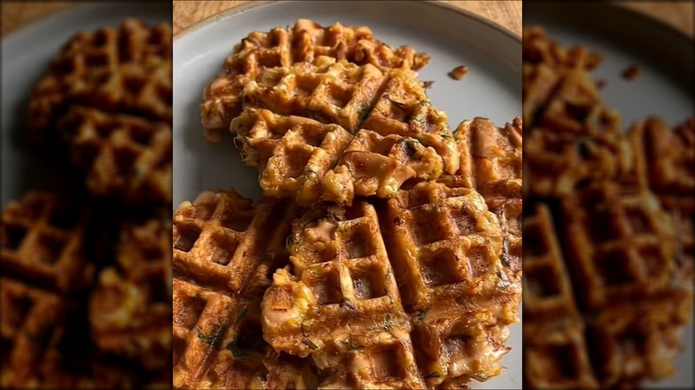 Salmon cakes made in a waffle iron