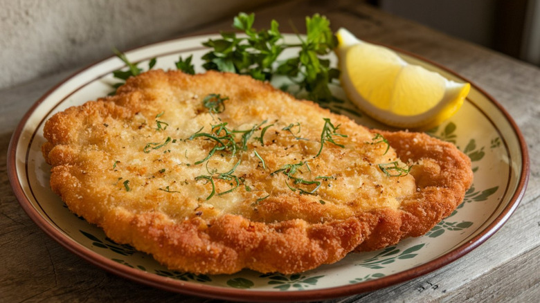 Close-up of breaded chicken cutlet on a plate