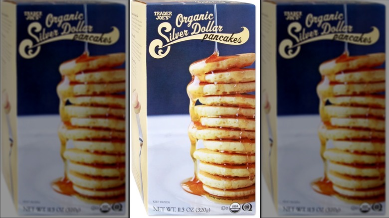 blue and beige box of stacked mini pancakes