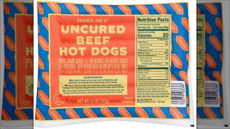 blue and orange package of beef hot dogs
