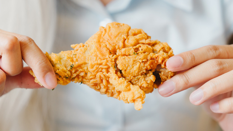 Close-up of someone holding a piece of fried chicken
