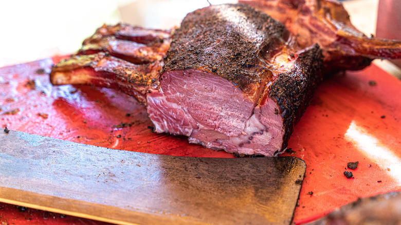 Sliced smoked prime rib roast.