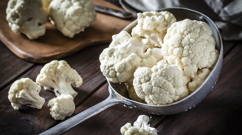Cauliflower in an old metal colander