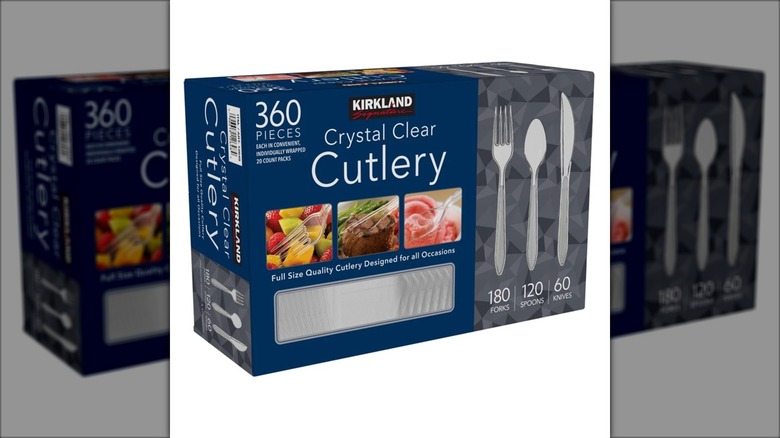 jumbo pack of plastic cutlery in blue box